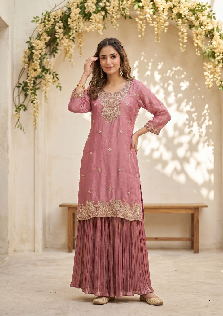 Onion Pink Zariwork (Gold) Tissue Readymade Salwar Suit