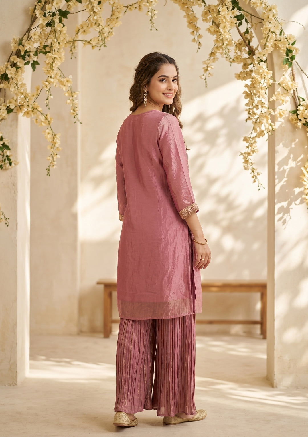 Onion Pink Zariwork (Gold) Tissue Readymade Salwar Suit
