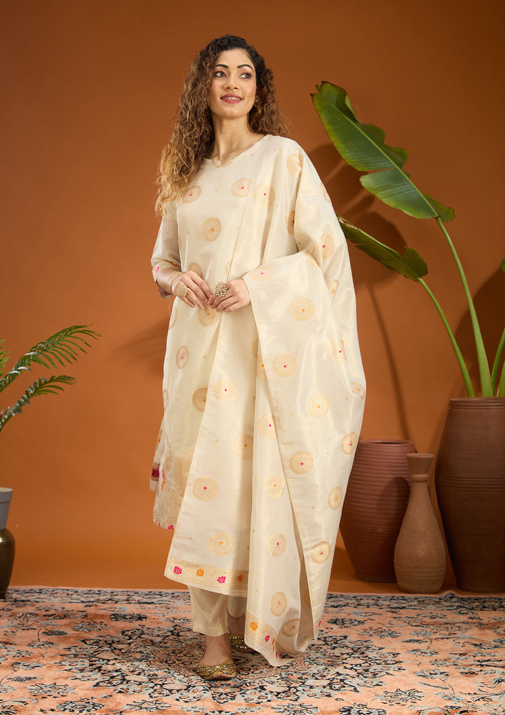 Beige No Work (Plain) Brocade Readymade Salwar Suit