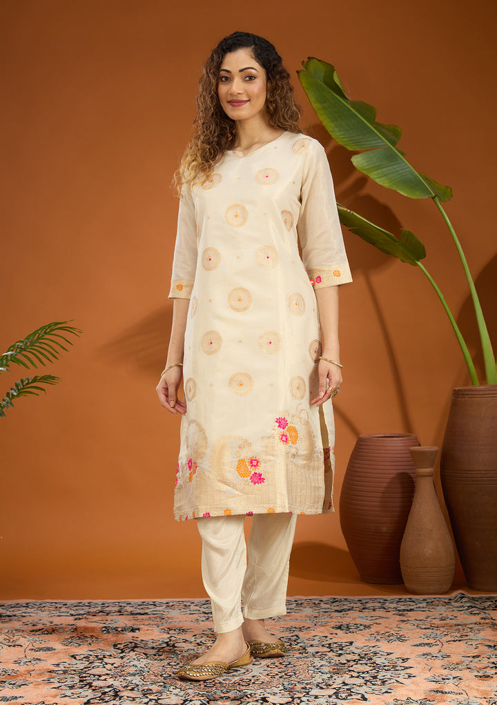 Beige No Work (Plain) Brocade Readymade Salwar Suit