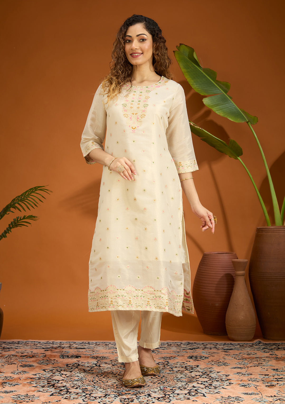 Beige No Work (Plain) Brocade Readymade Salwar Suit