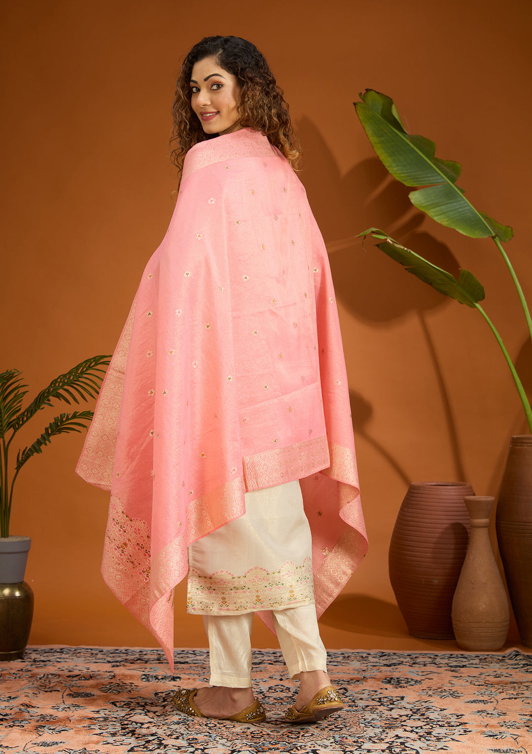 Beige No Work (Plain) Brocade Readymade Salwar Suit