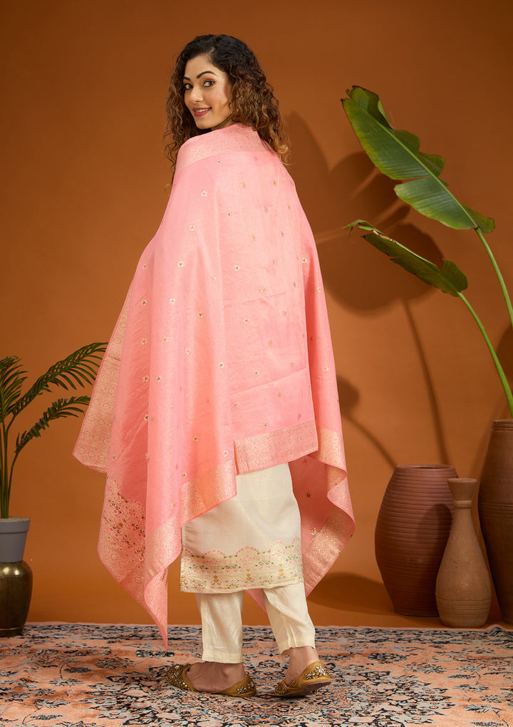 Beige No Work (Plain) Brocade Readymade Salwar Suit
