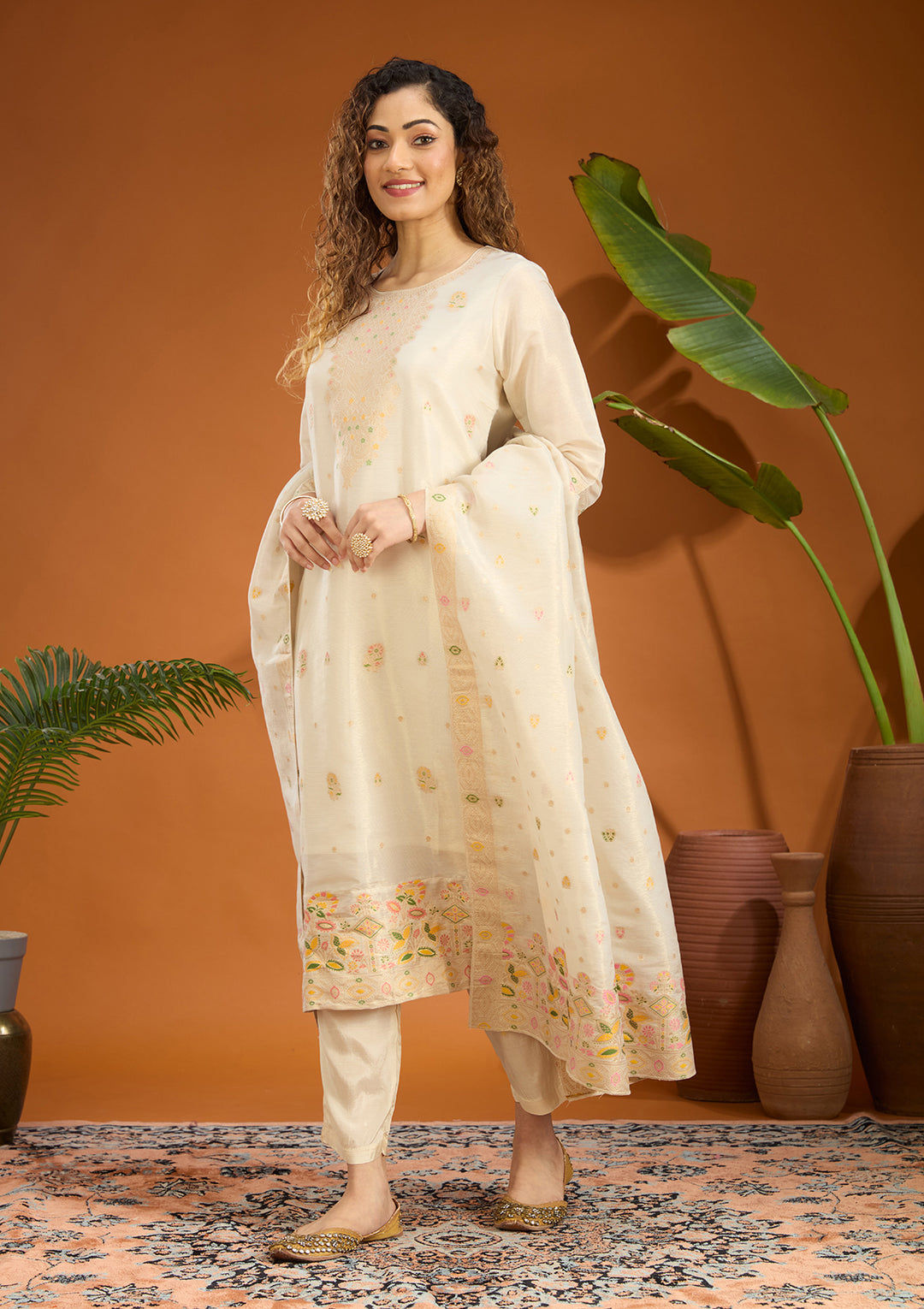 Beige Zariwork Brocade Readymade Salwar Suit