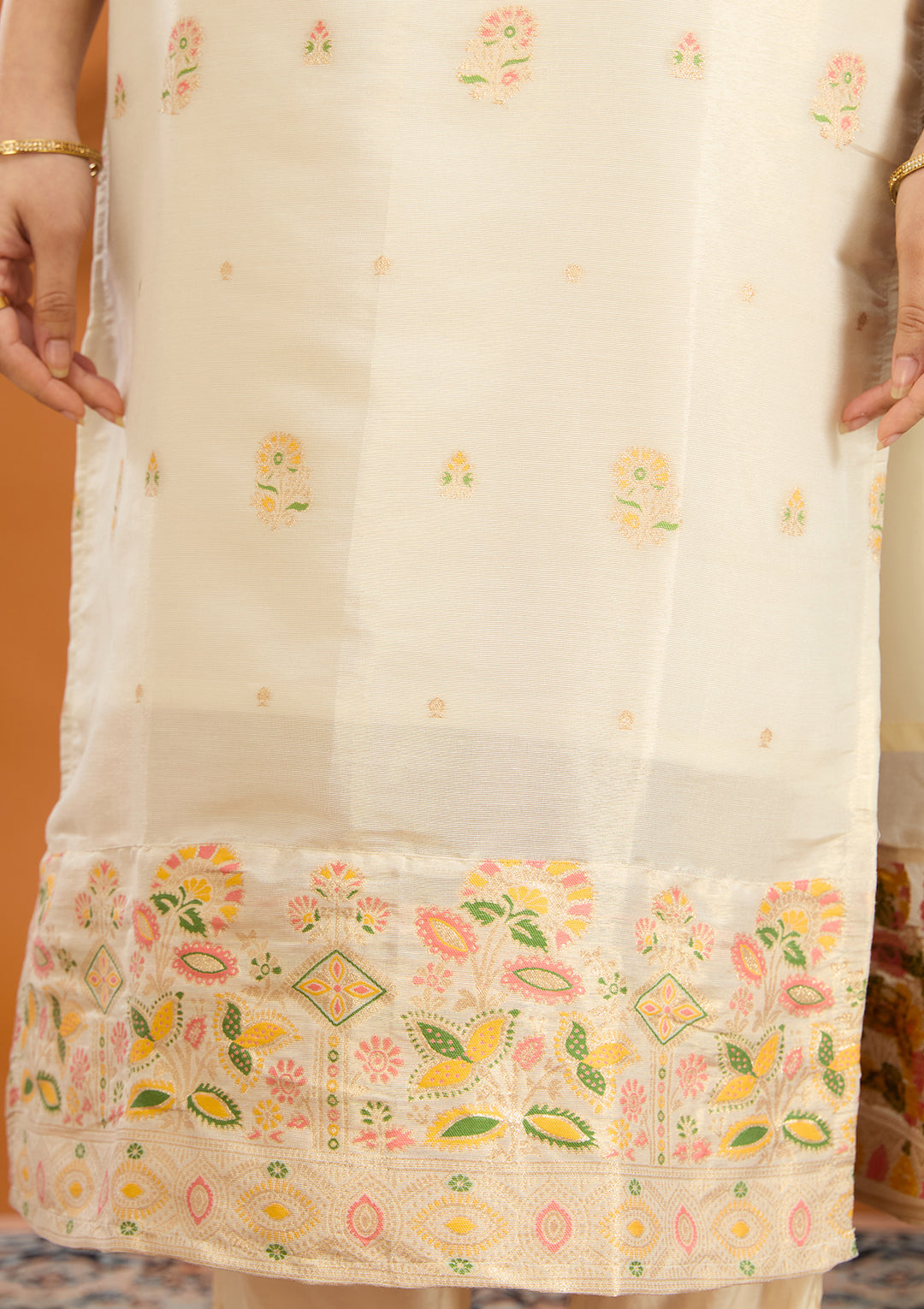 Beige Zariwork Brocade Readymade Salwar Suit