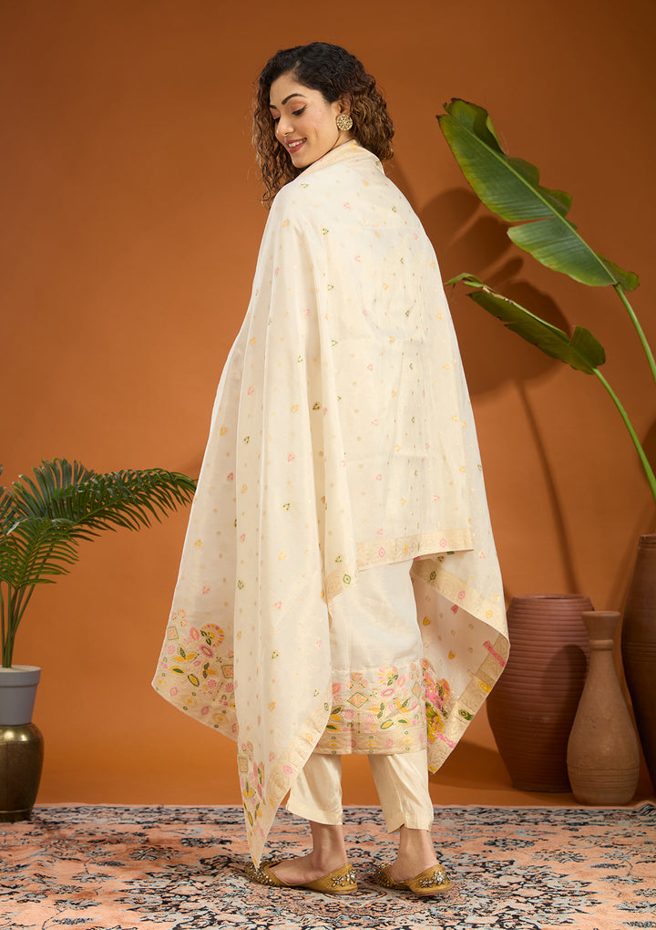 Beige Zariwork Brocade Readymade Salwar Suit