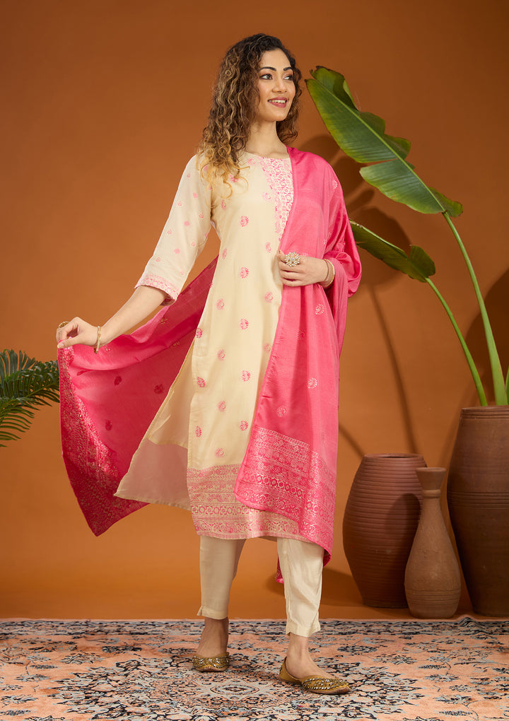 Beige Plain Brocade Readymade Salwar Suit