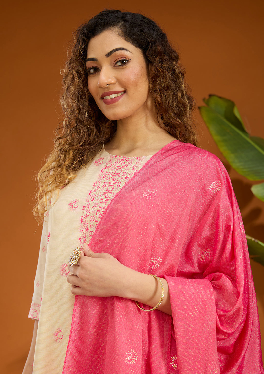 Beige Plain Brocade Readymade Salwar Suit