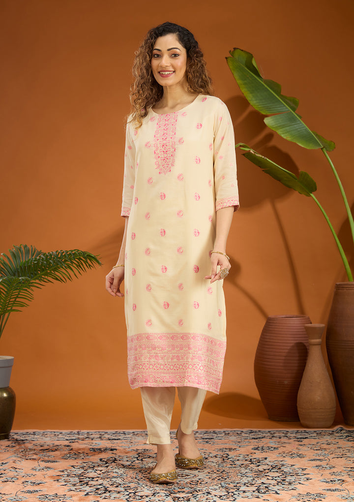 Beige Plain Brocade Readymade Salwar Suit