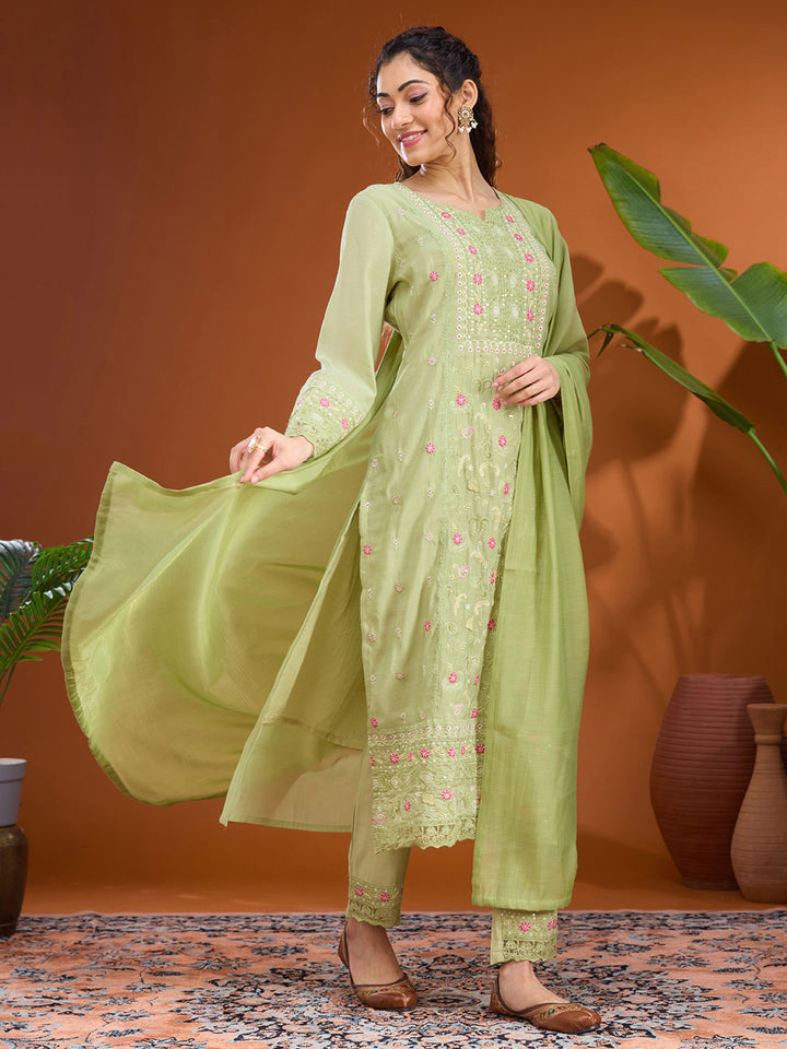 Pista Green Threadwork Chanderi Readymade Salwar Suit