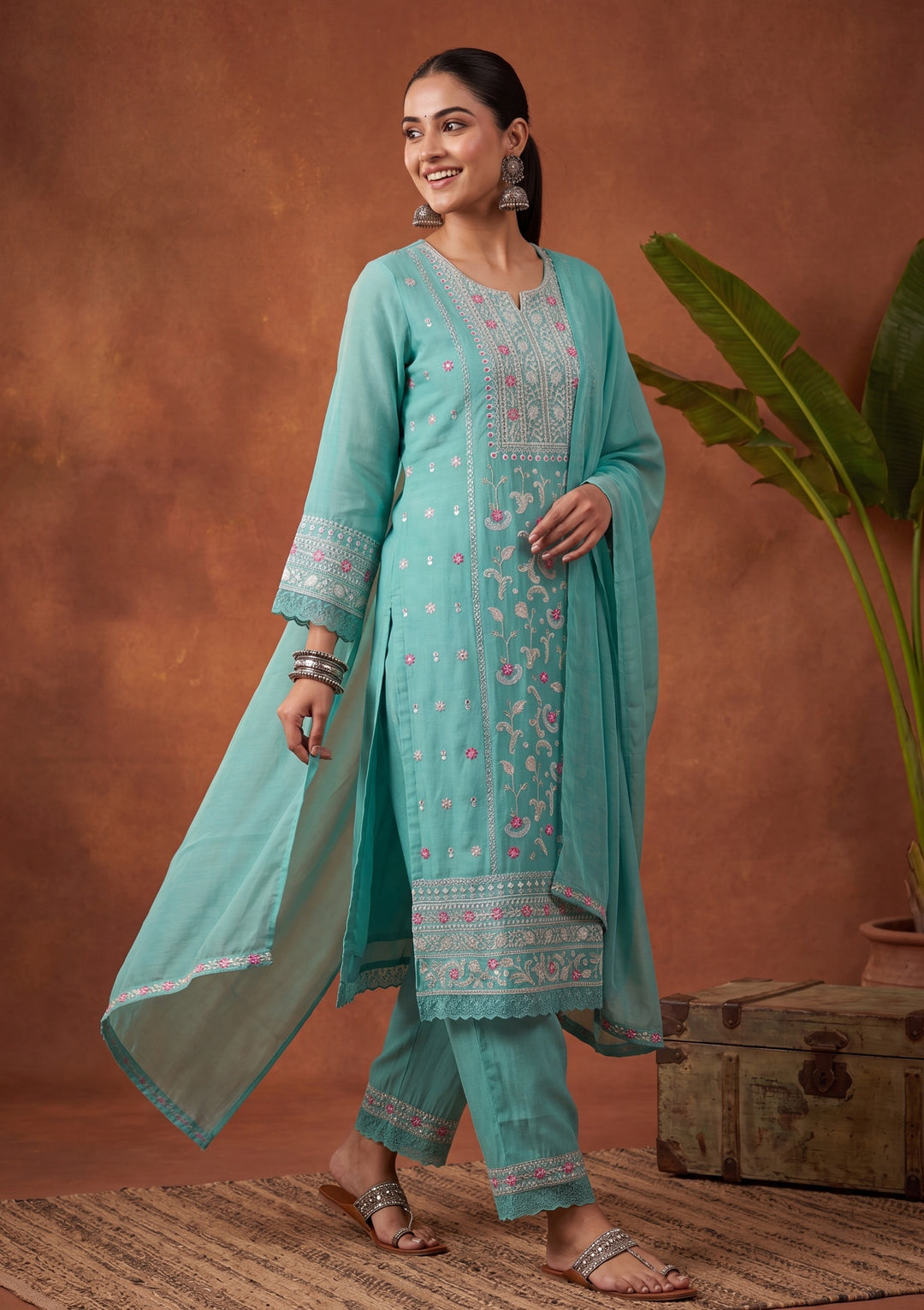 Sea Green Threadwork Chanderi Readymade Salwar Suit