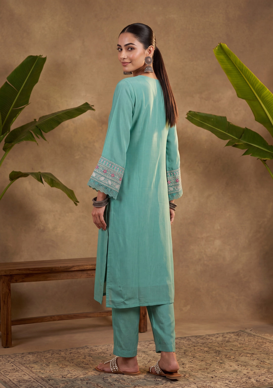 Sea Green Threadwork Chanderi Readymade Salwar Suit