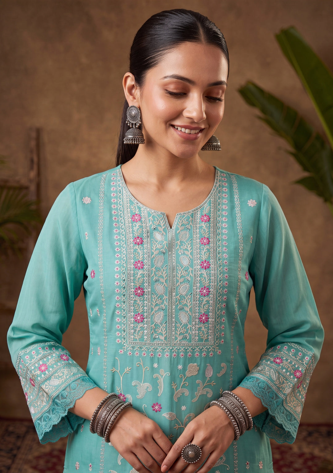 Sea Green Threadwork Chanderi Readymade Salwar Suit