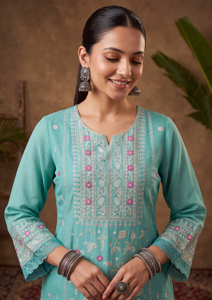 Sea Green Threadwork Chanderi Readymade Salwar Suit