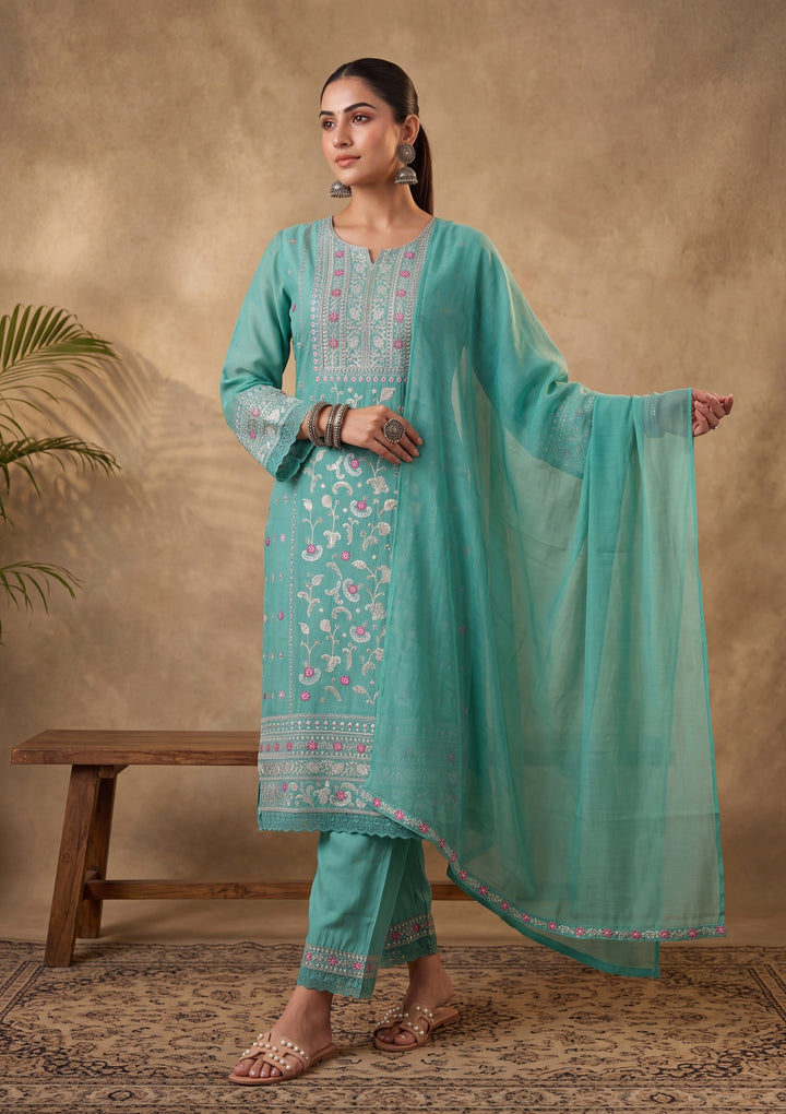 Sea Green Threadwork Chanderi Readymade Salwar Suit