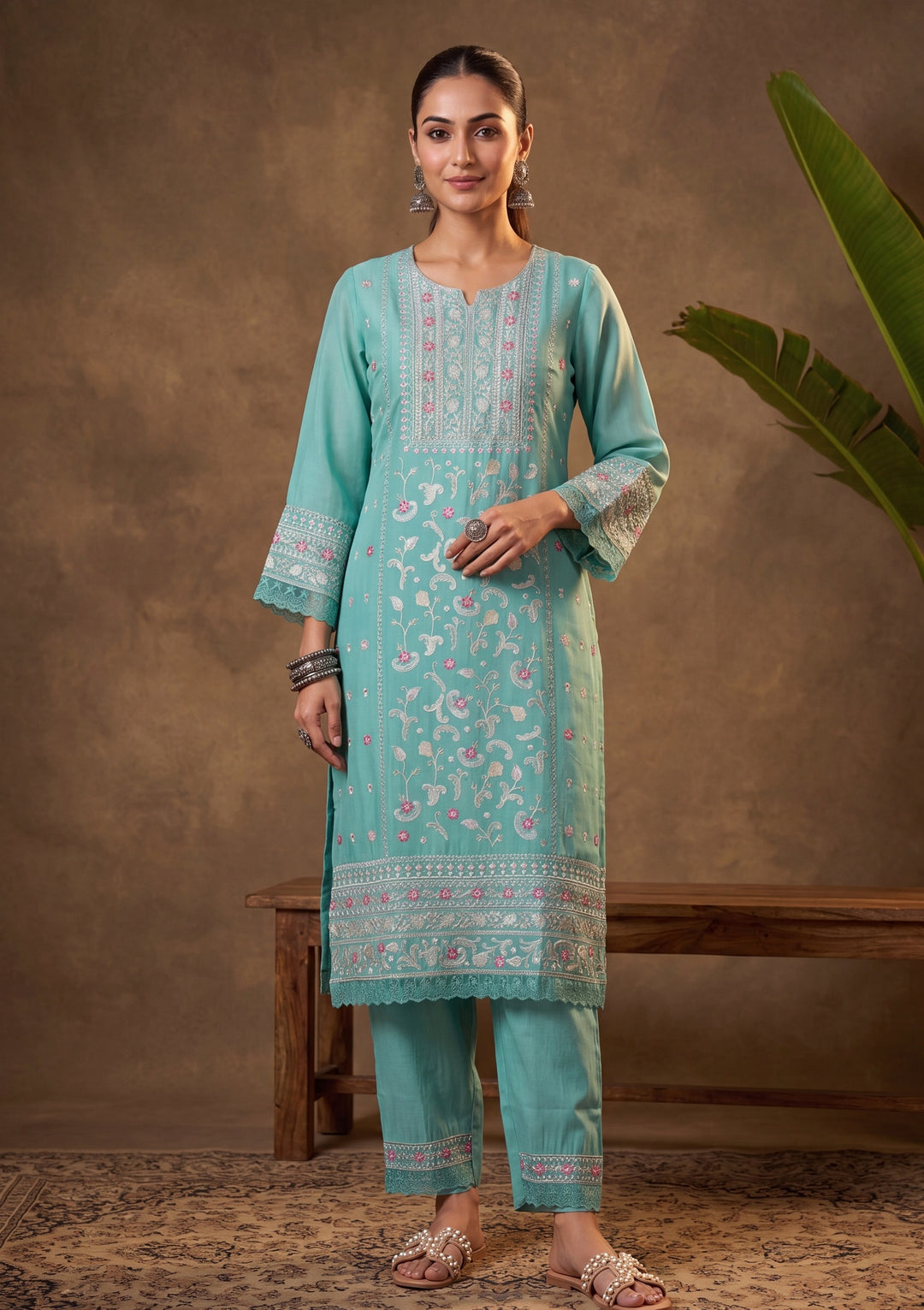 Sea Green Threadwork Chanderi Readymade Salwar Suit