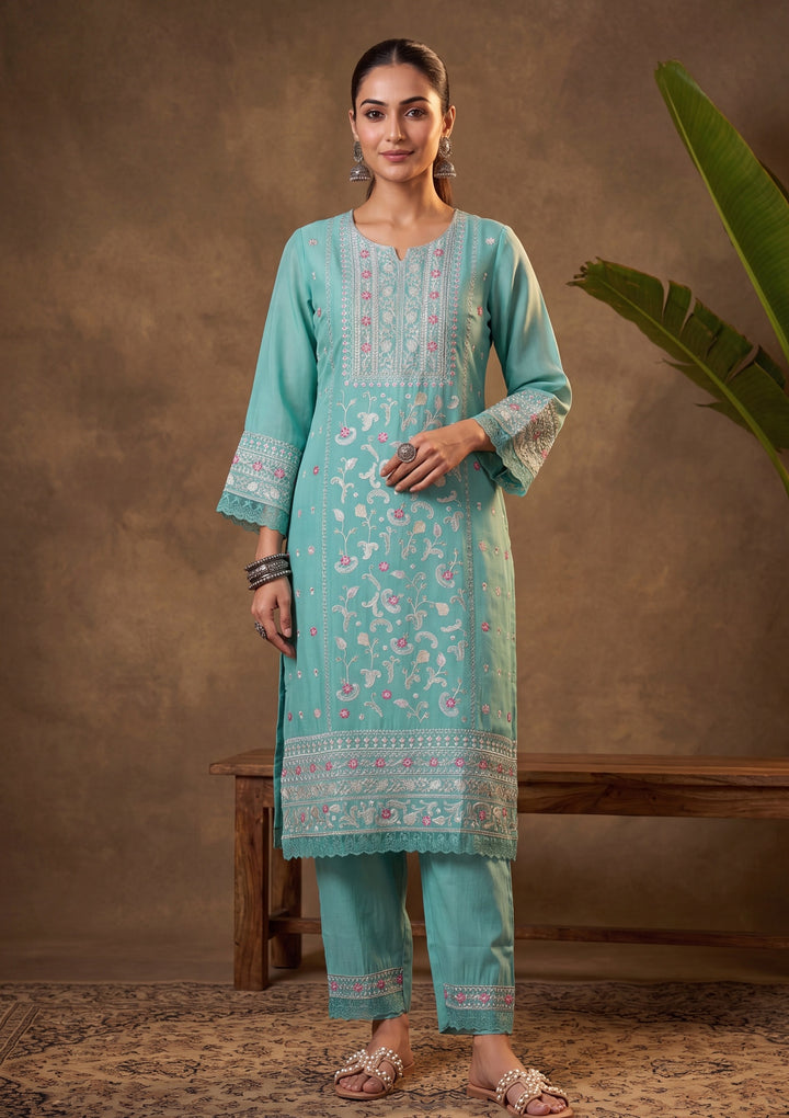 Sea Green Threadwork Chanderi Readymade Salwar Suit