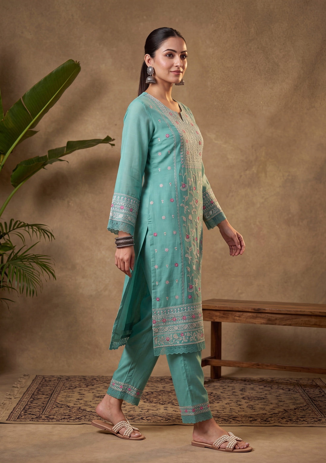 Sea Green Threadwork Chanderi Readymade Salwar Suit
