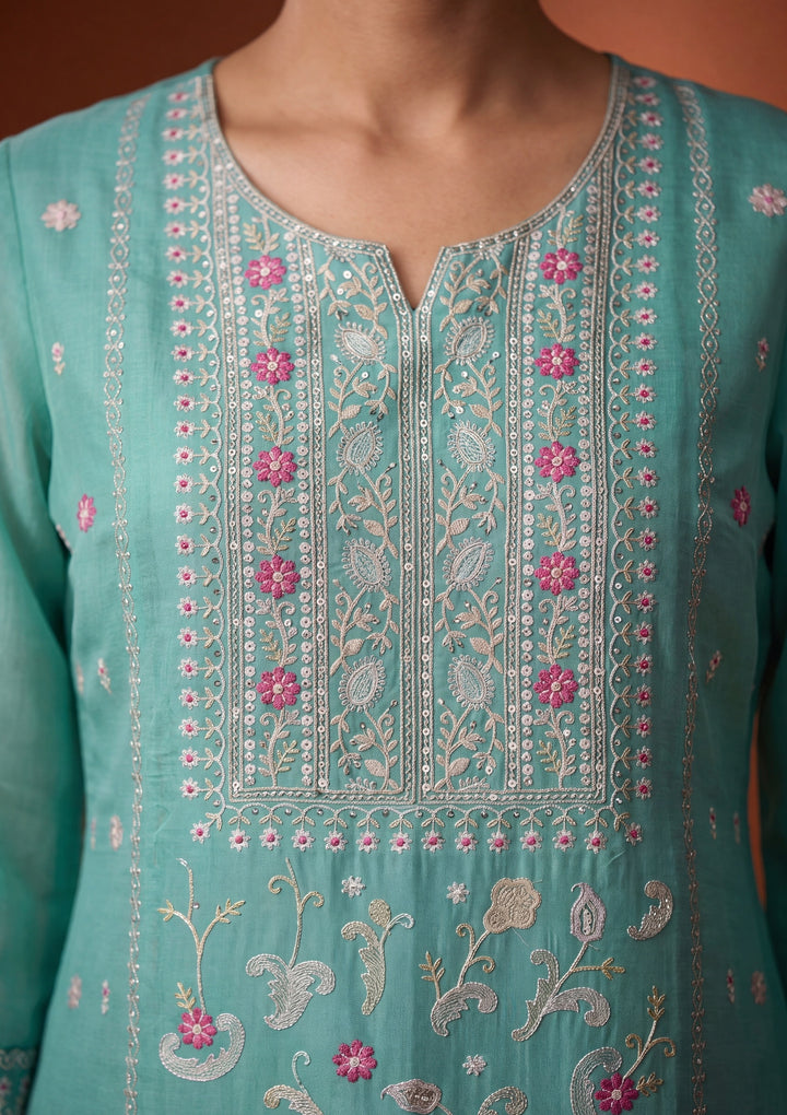 Sea Green Threadwork Chanderi Readymade Salwar Suit