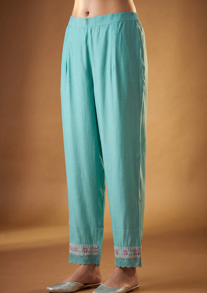 Sea Green Threadwork Chanderi Readymade Salwar Suit