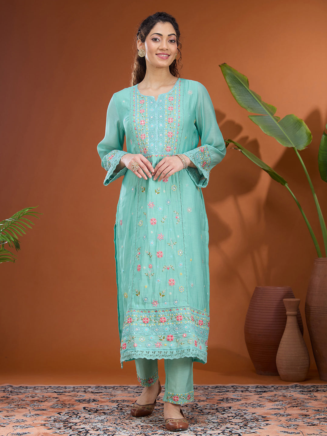 Sea Green Threadwork Chanderi Readymade Salwar Suit