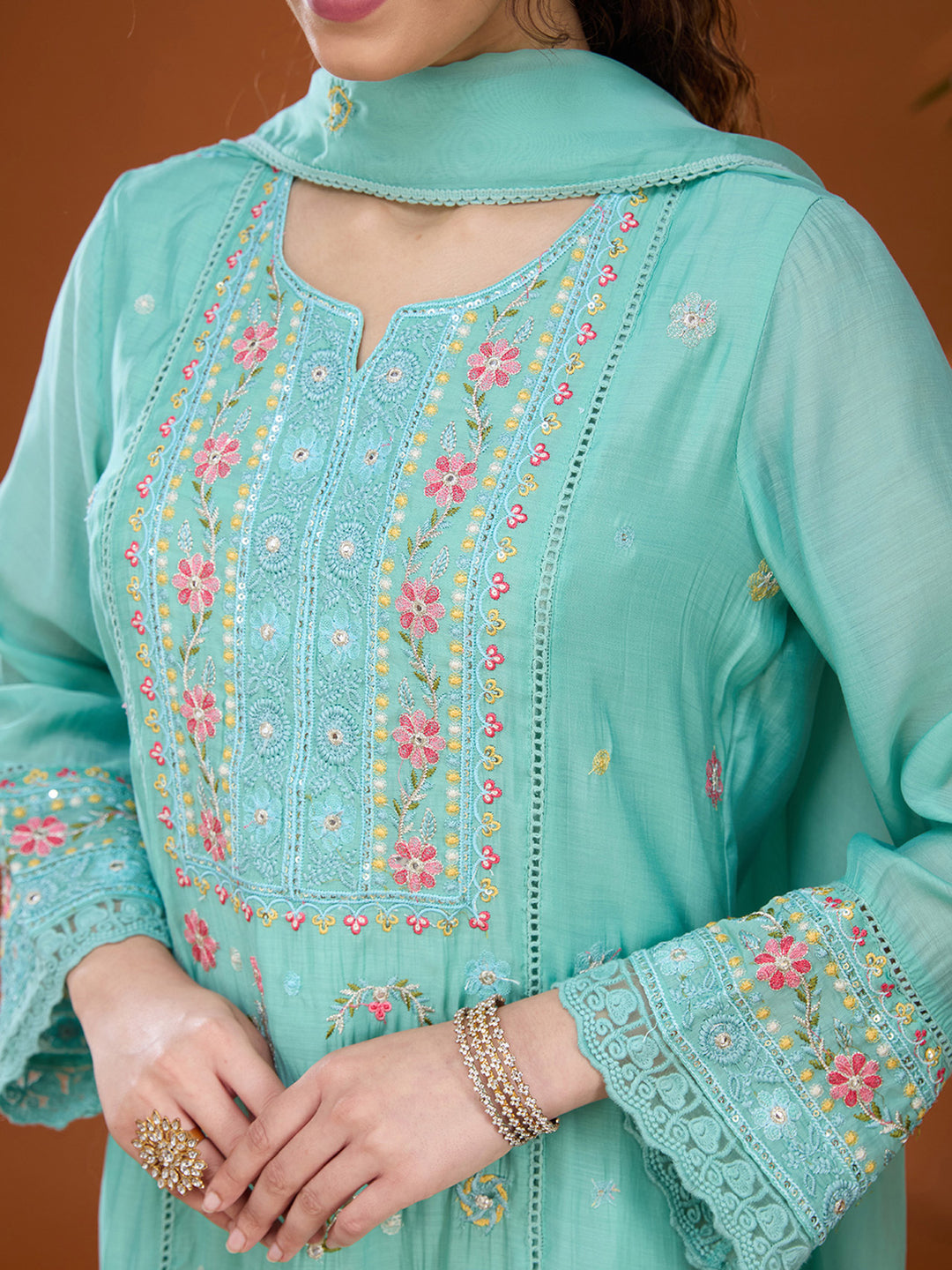 Sea Green Threadwork Chanderi Readymade Salwar Suit