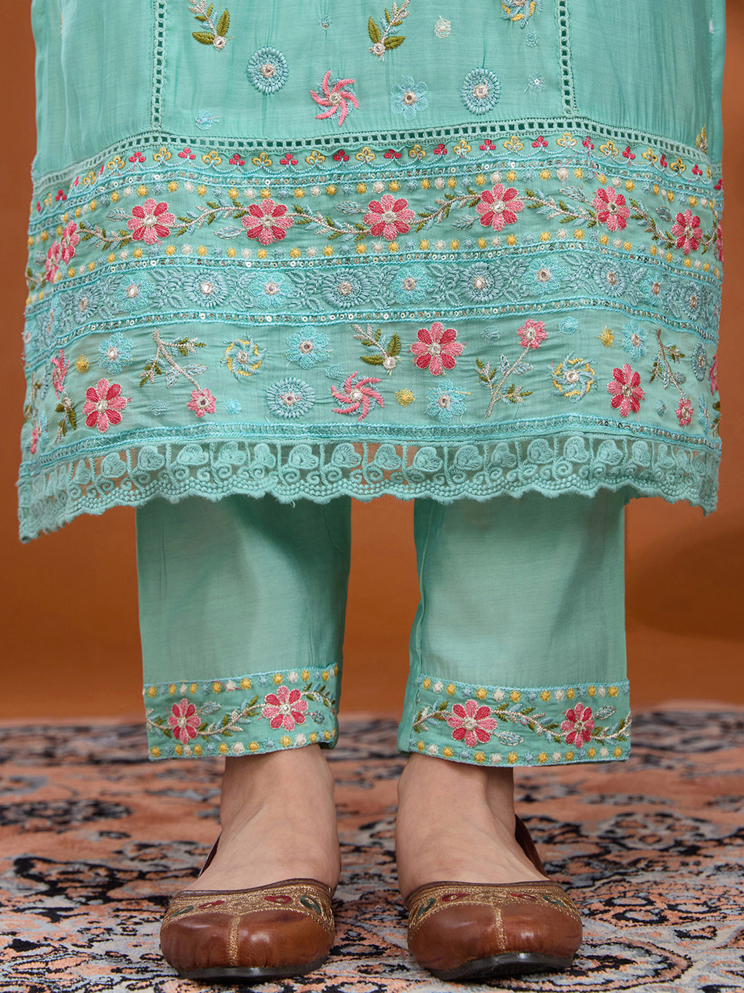 Sea Green Threadwork Chanderi Readymade Salwar Suit