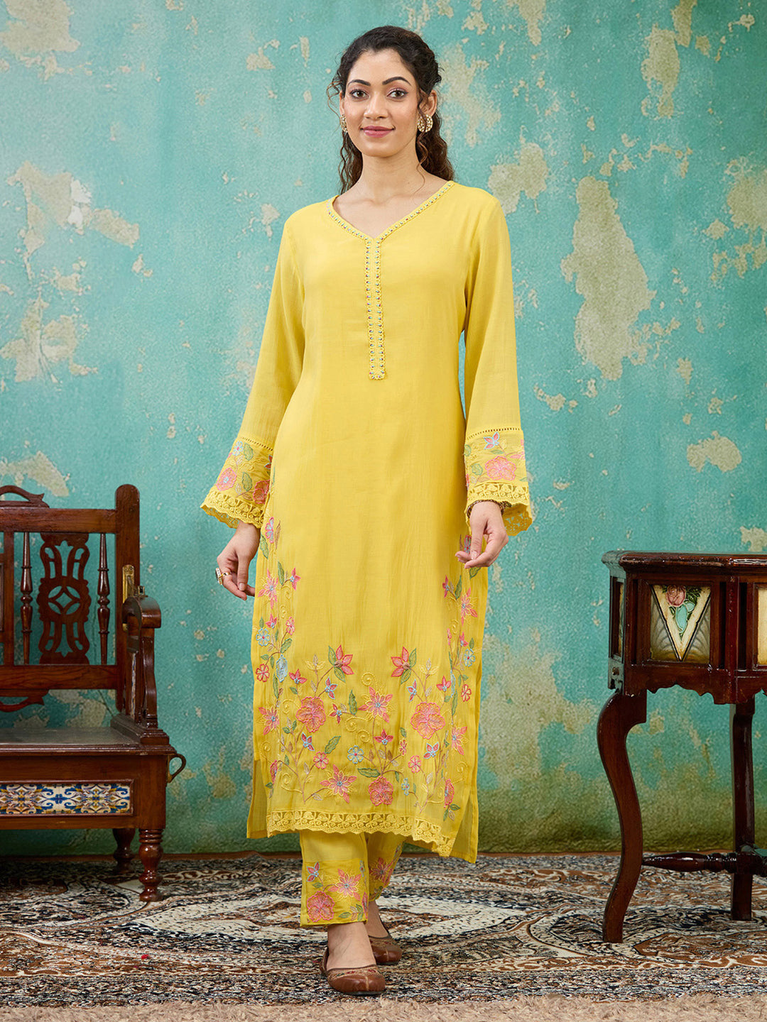 Yellow Threadwork Chanderi Readymade Salwar Suit