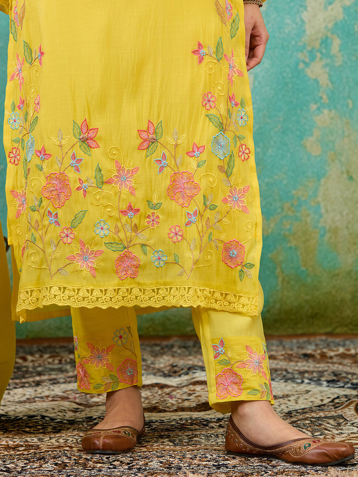 Yellow Threadwork Chanderi Readymade Salwar Suit