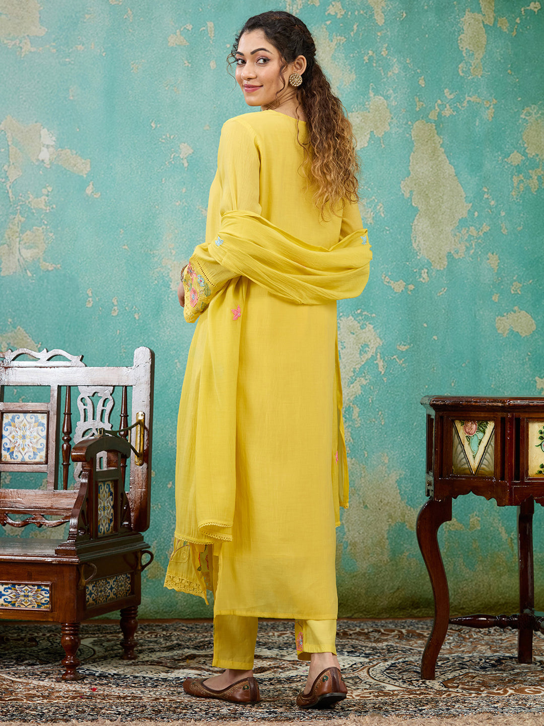 Yellow Threadwork Chanderi Readymade Salwar Suit