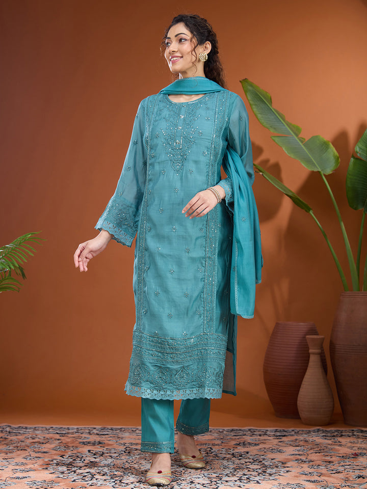 Blue Threadwork Chanderi Readymade Salwar Suit