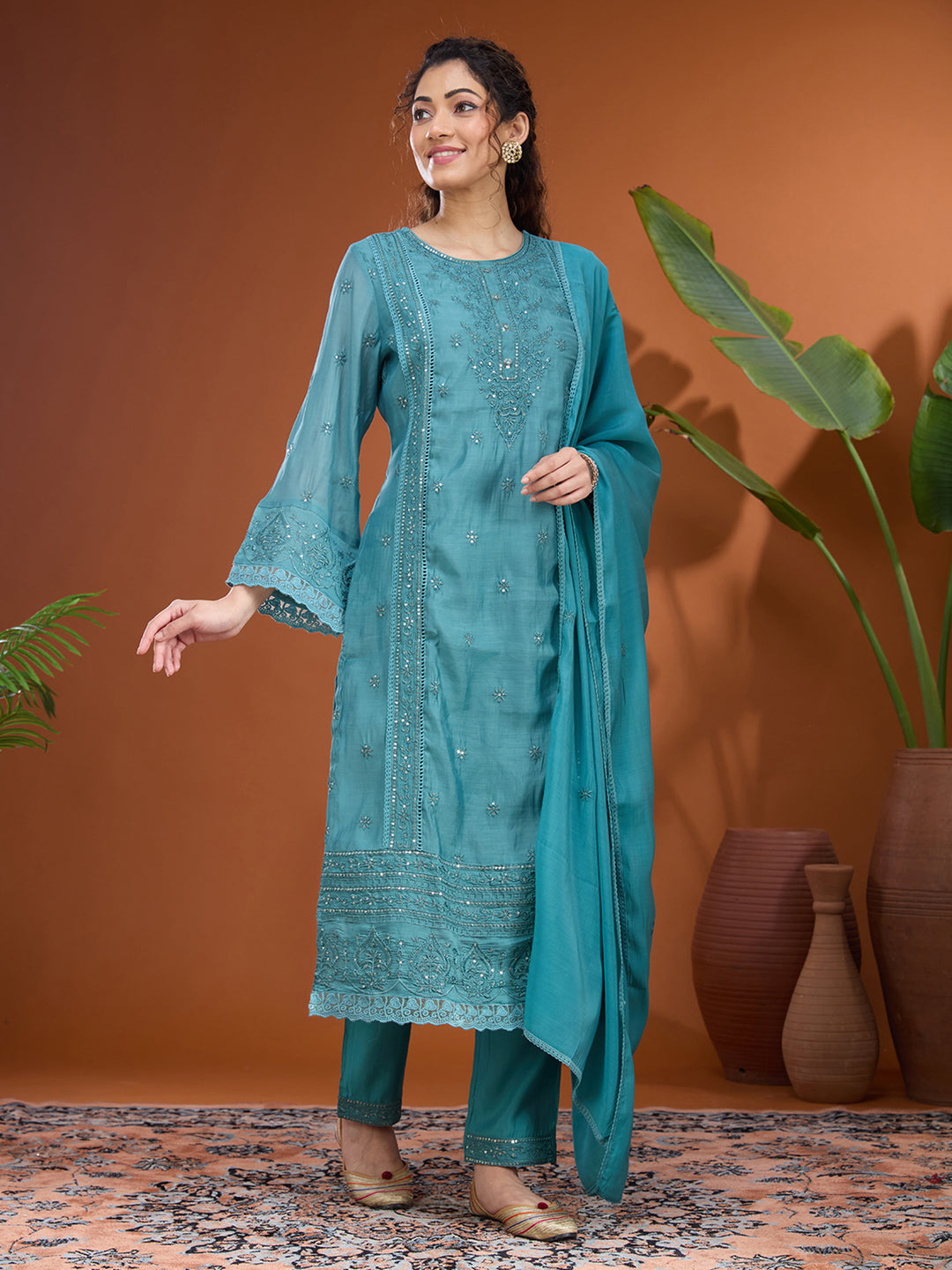 Blue Threadwork Chanderi Readymade Salwar Suit
