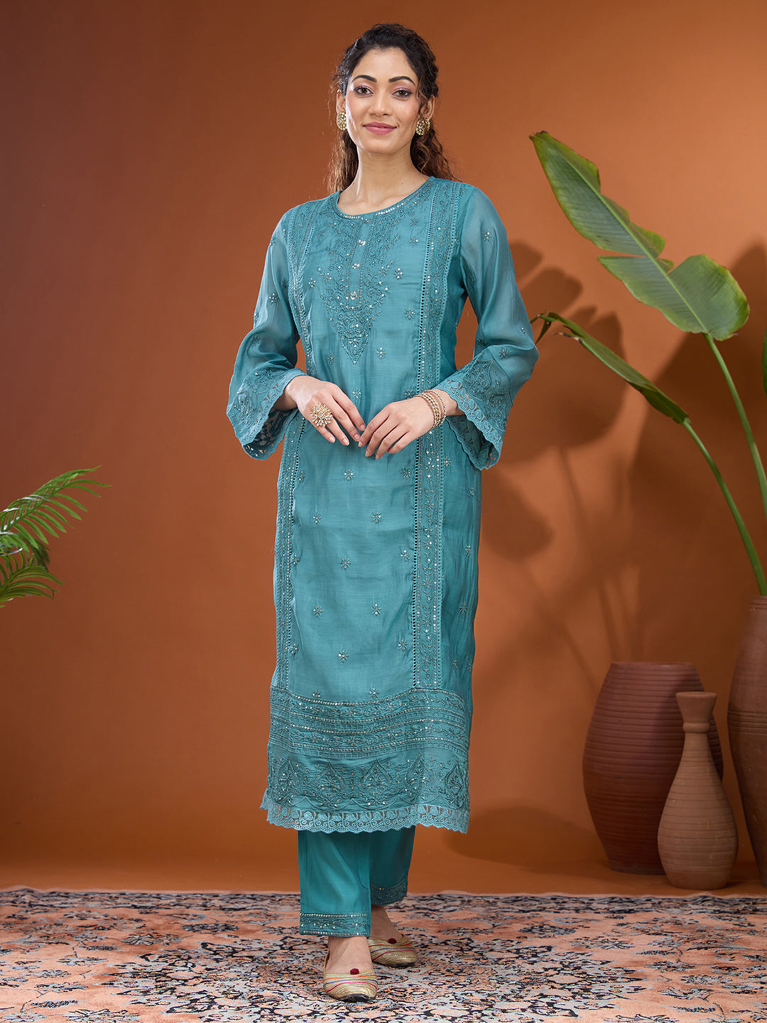 Blue Threadwork Chanderi Readymade Salwar Suit