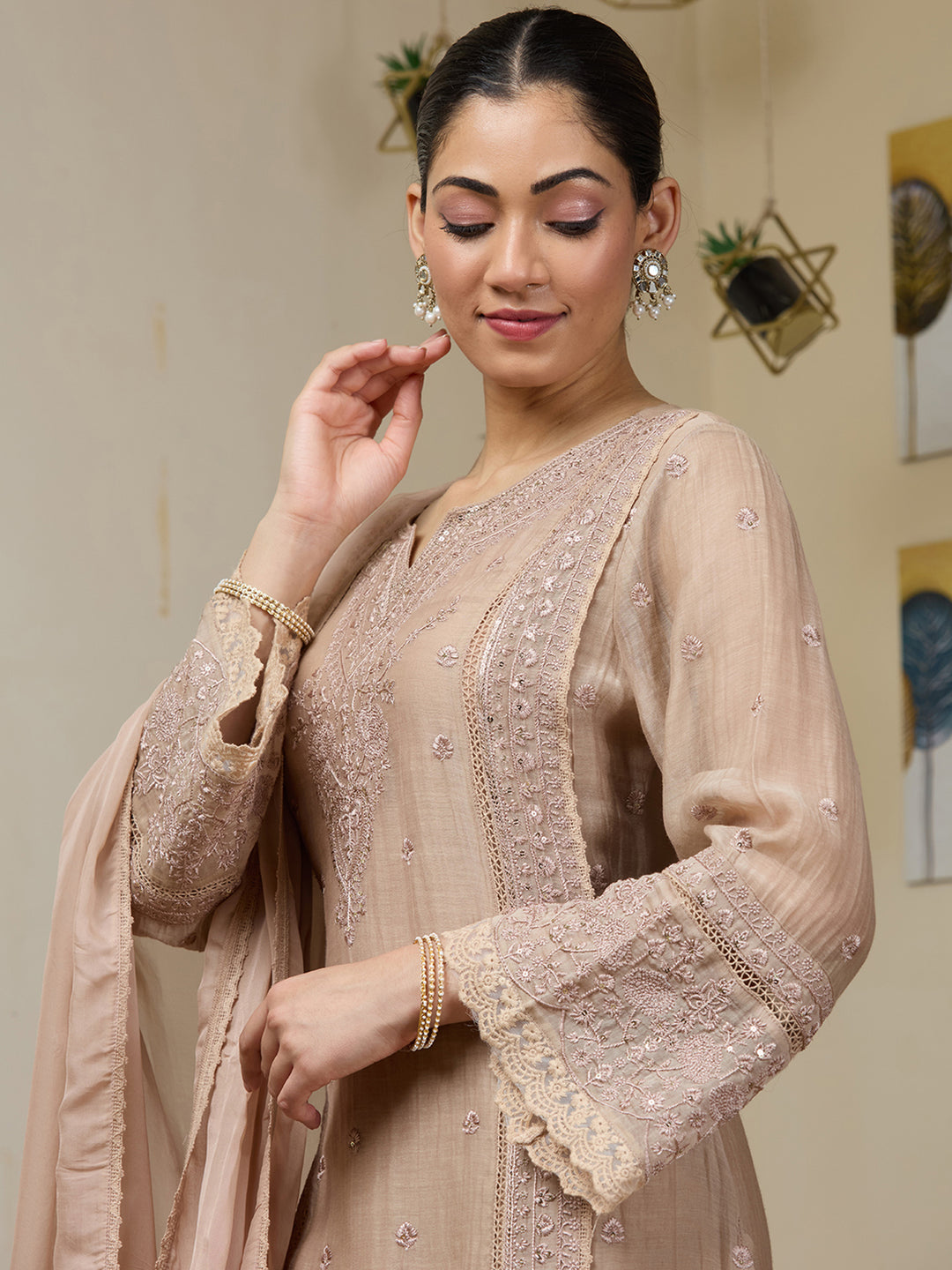 Light Brown Threadwork Chanderi Readymade Salwar Suit