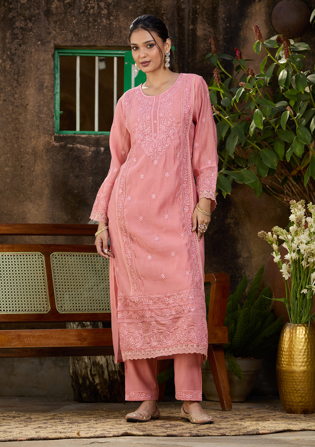 Peach Chanderi Threadwork Straight Kurta With Pant Regular And Dupatta