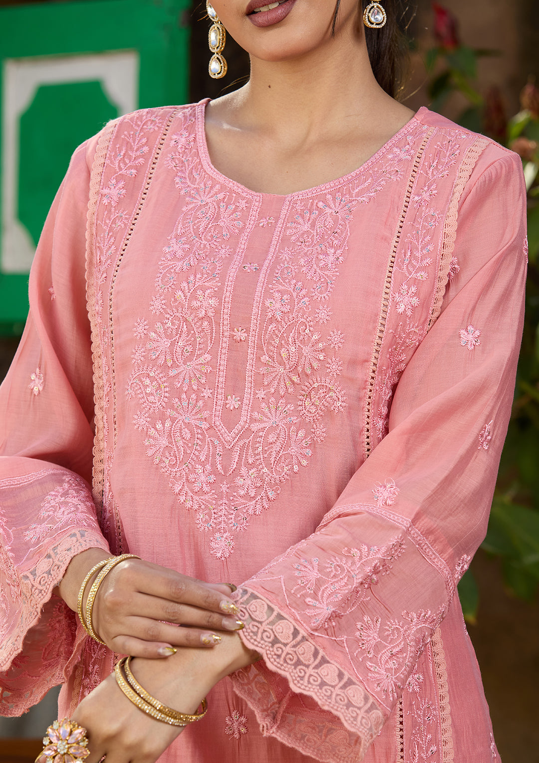 Peach Chanderi Threadwork Straight Kurta With Pant Regular And Dupatta