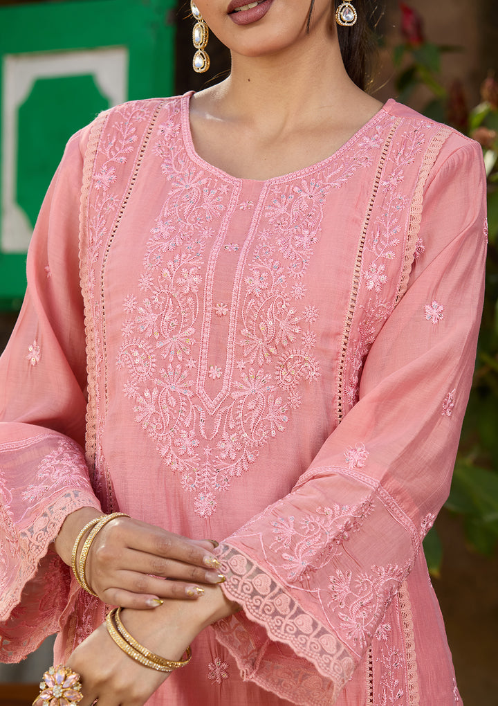 Peach Chanderi Threadwork Straight Kurta With Pant Regular And Dupatta