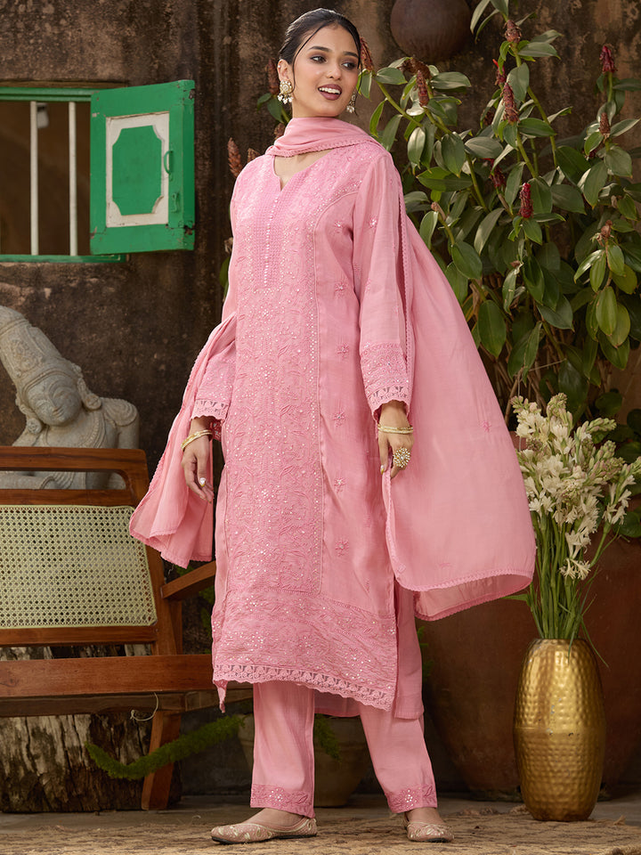 Pink Chanderi Threadwork Straight Kurta With Regular Pant And Dupatta