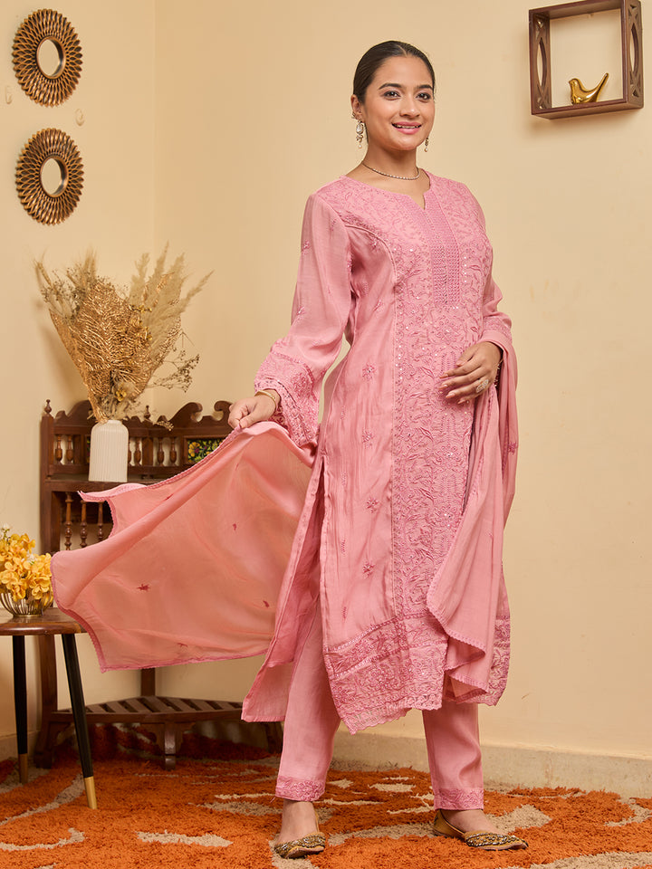 Pink Threadwork Chanderi Readymade Salwar Suit