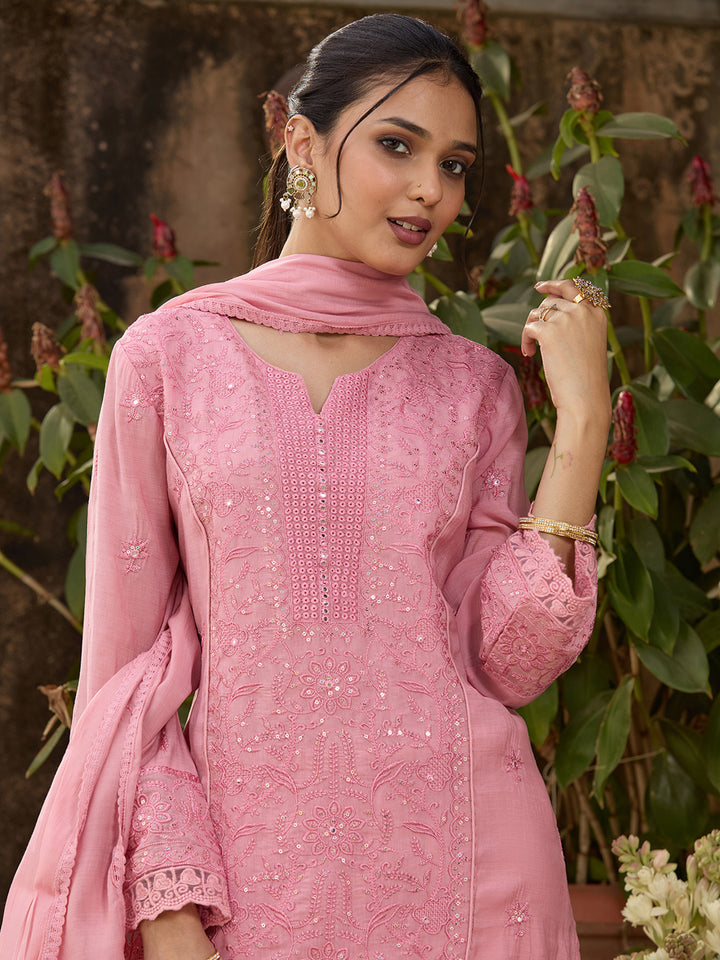 Pink Chanderi Threadwork Straight Kurta With Regular Pant And Dupatta