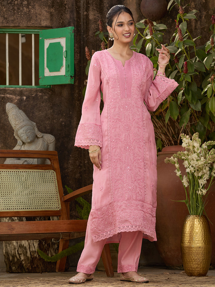 Pink Chanderi Threadwork Straight Kurta With Regular Pant And Dupatta