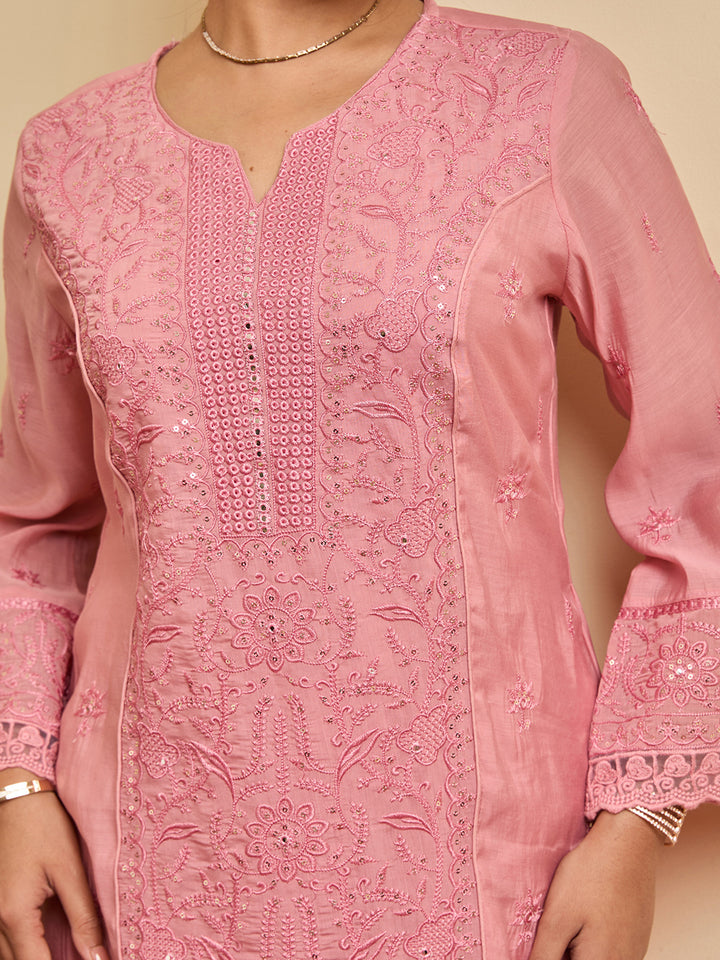 Pink Threadwork Chanderi Readymade Salwar Suit