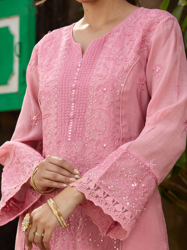 Pink Chanderi Threadwork Straight Kurta With Regular Pant And Dupatta