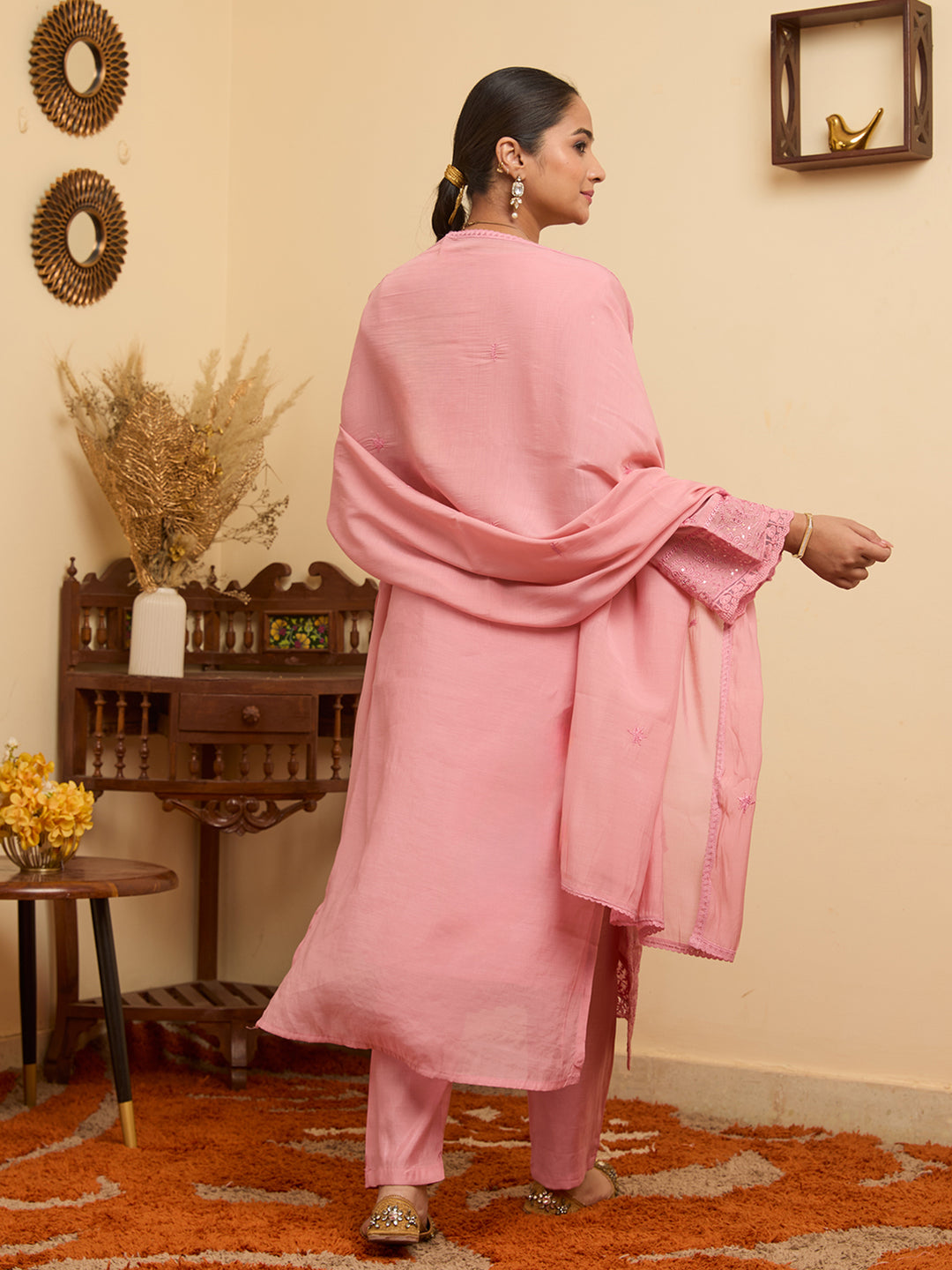 Pink Threadwork Chanderi Readymade Salwar Suit
