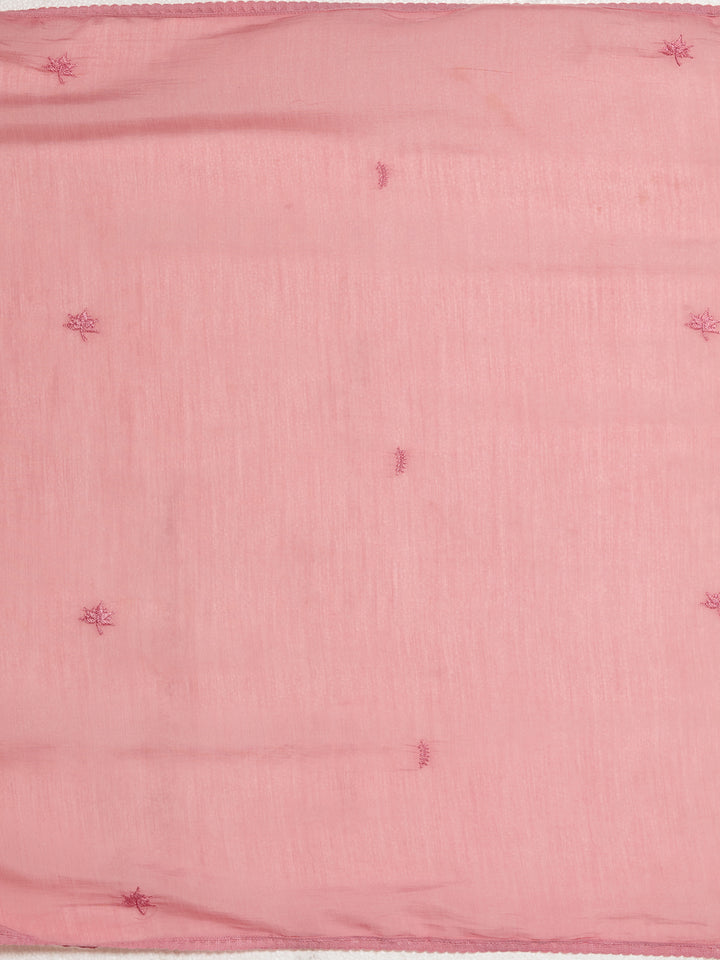 Pink Chanderi Threadwork Straight Kurta With Regular Pant And Dupatta
