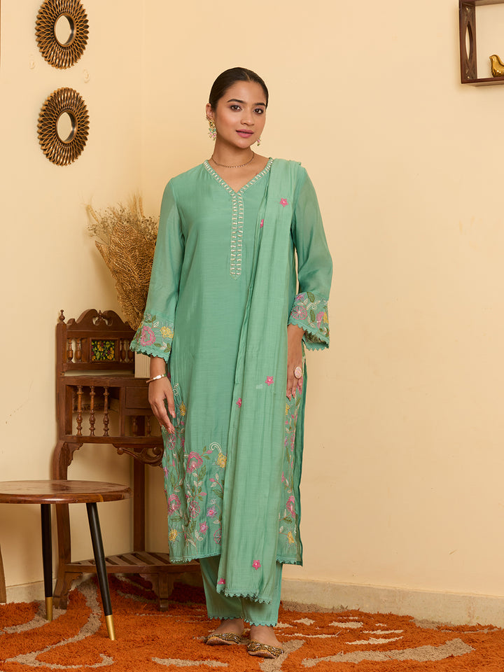 Sea Green Threadwork Chanderi Readymade Salwar Suit