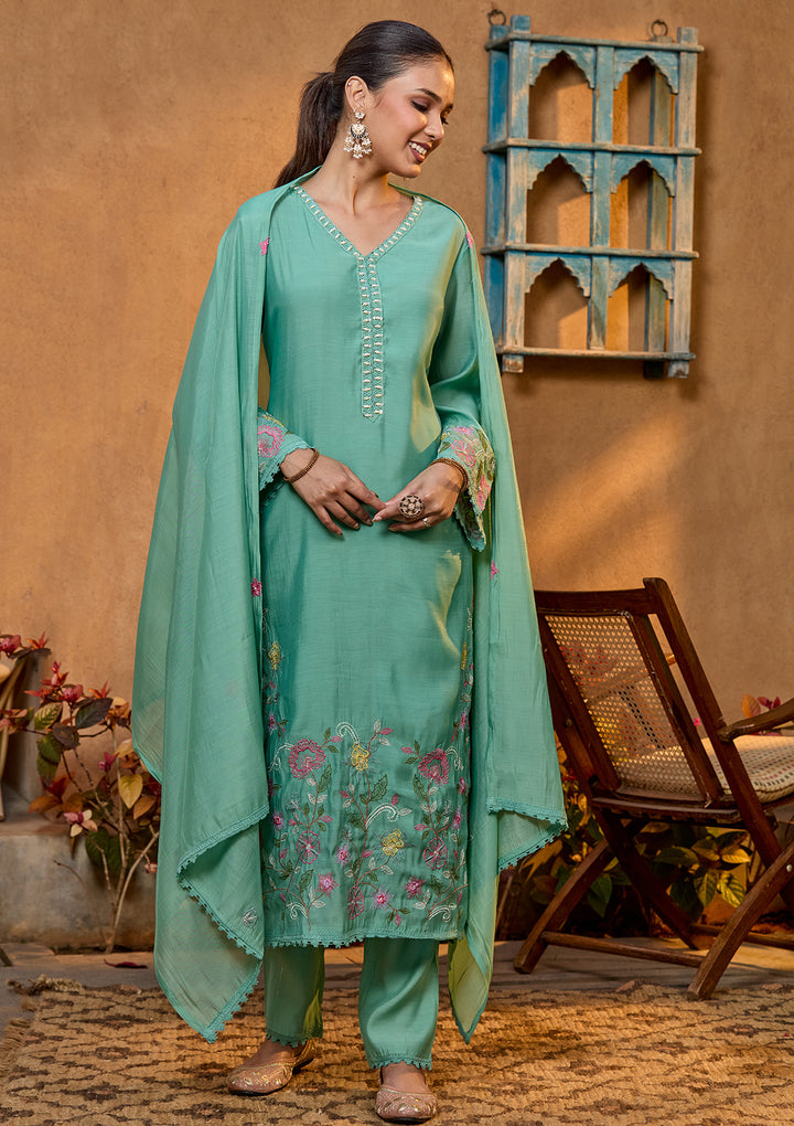 Sea Green Chanderi Threadwork Straight Kurta With Pant Regular And Dupatta