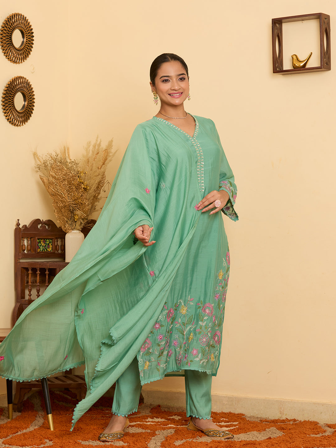 Sea Green Threadwork Chanderi Readymade Salwar Suit