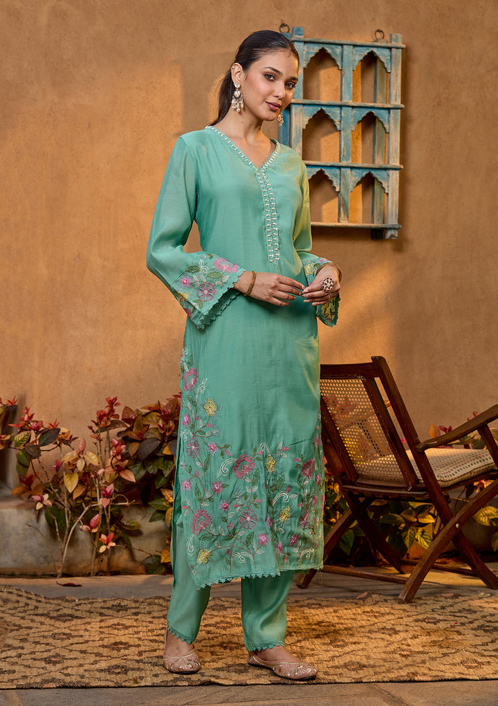 Sea Green Chanderi Threadwork Straight Kurta With Pant Regular And Dupatta