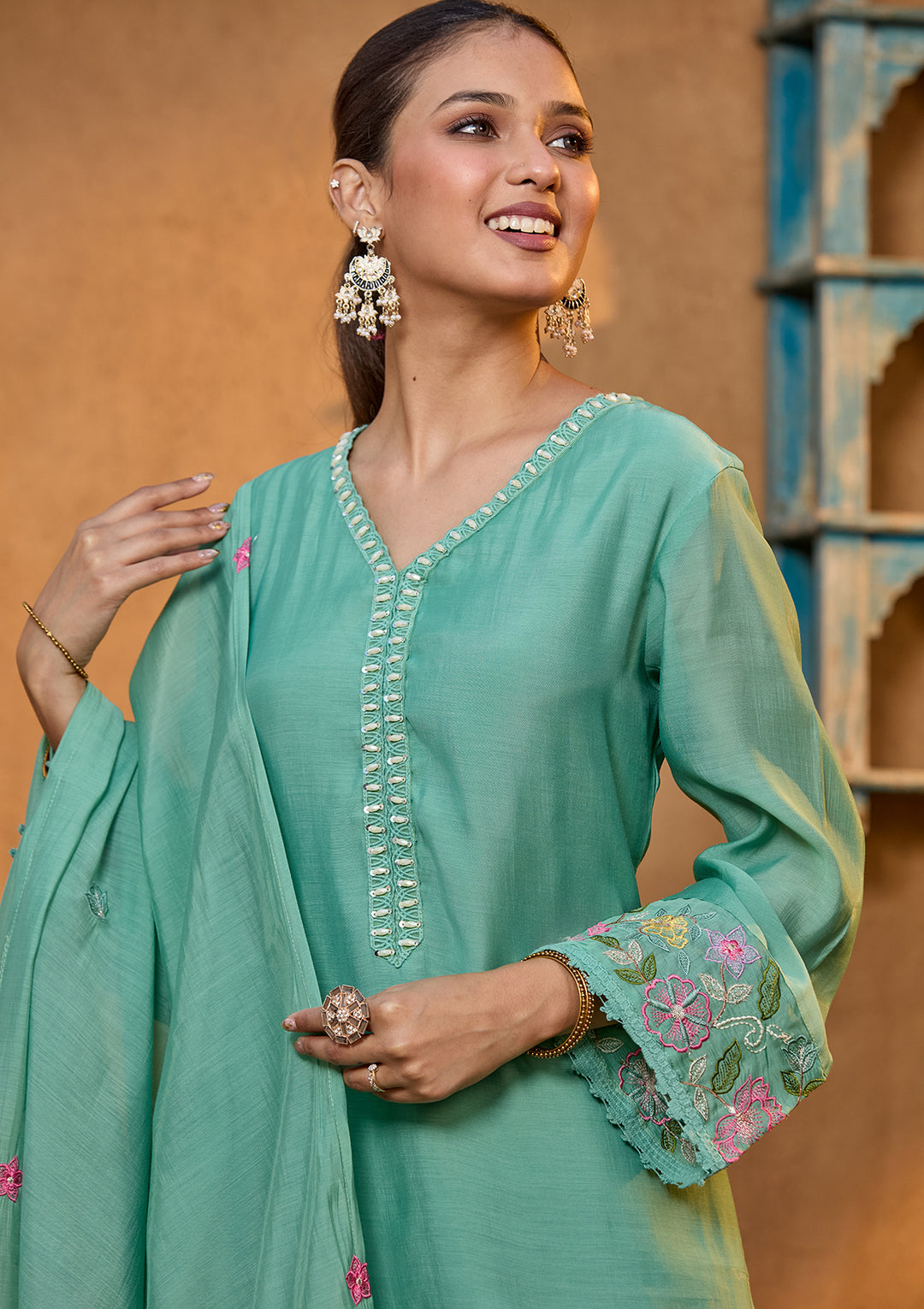 Sea Green Chanderi Threadwork Straight Kurta With Pant Regular And Dupatta